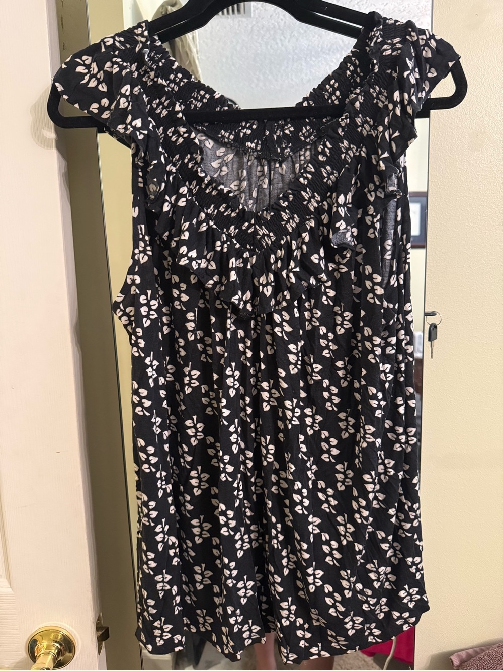 Ann Taylor Black and Cream Floral Ruffle V-Neck Top